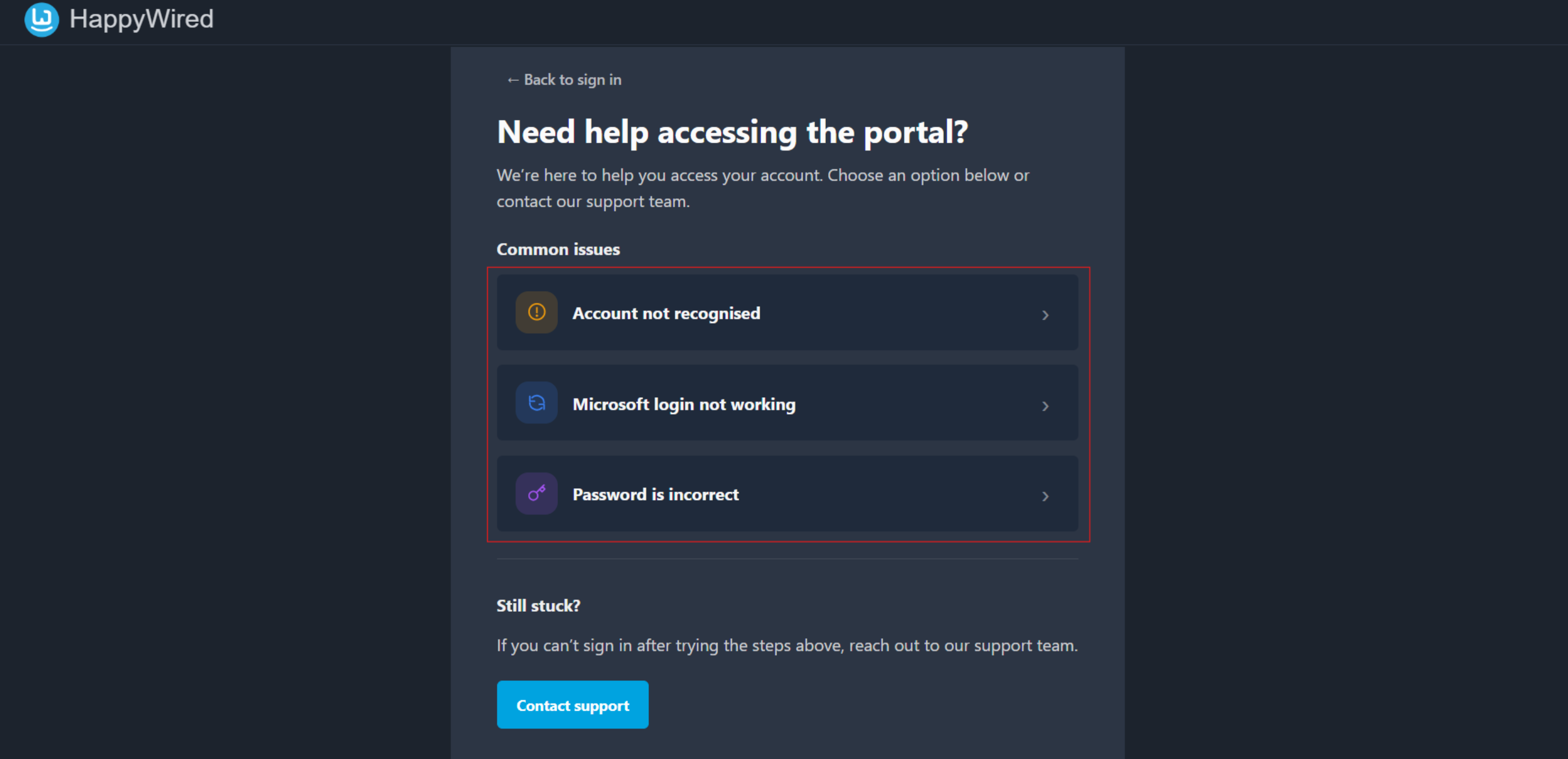 Troubleshoot sign-in page screenshot